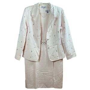 Anna Carole Pink Floral Embroidered Silk Linen Dress Blazer Set Size 12